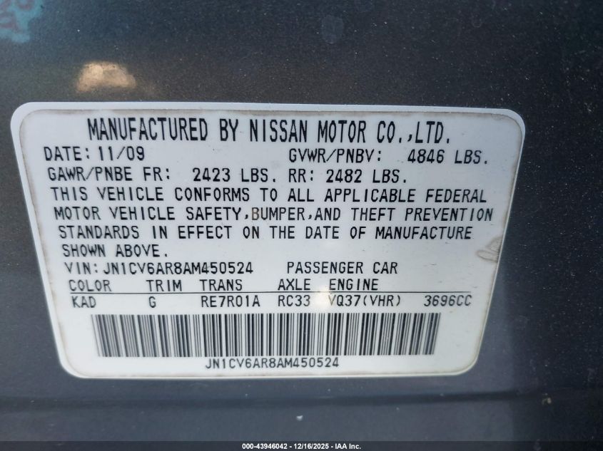 2010 Infiniti G37X VIN: JN1CV6AR8AM450524 Lot: 43946042