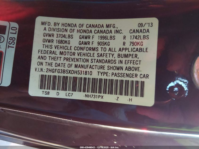 2013 Honda Civic Lx VIN: 2HGFG3B5XDH531810 Lot: 43946043