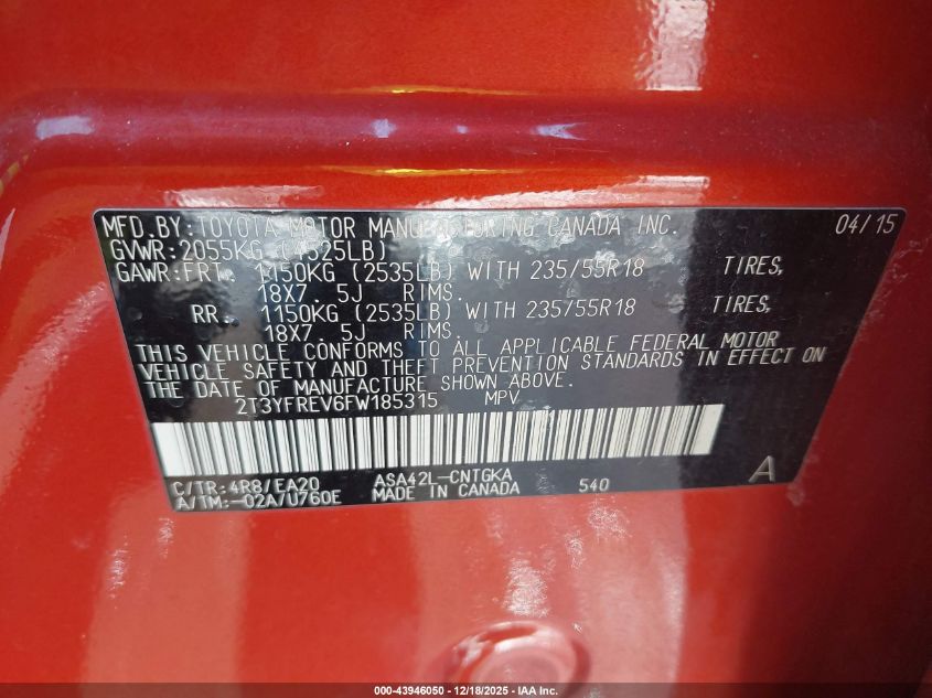 2015 Toyota Rav4 Limited VIN: 2T3YFREV6FW185315 Lot: 43946050