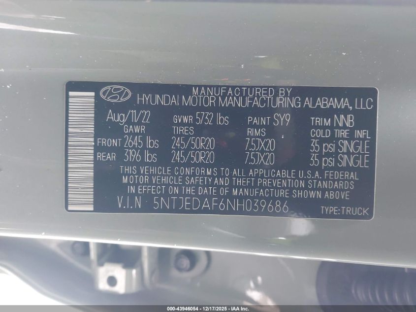 2022 Hyundai Santa Cruz Limited VIN: 5NTJEDAF6NH039686 Lot: 43946054