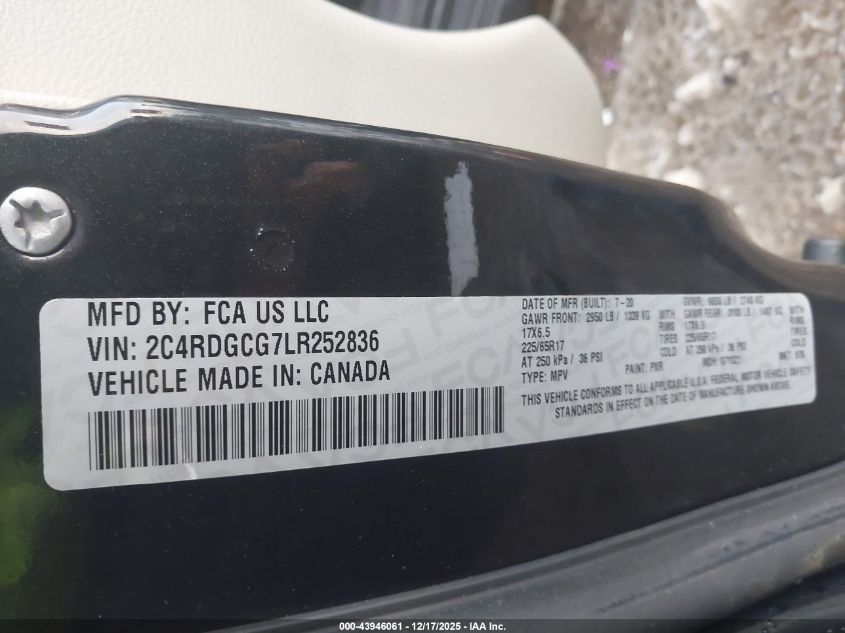 2020 Dodge Grand Caravan Sxt VIN: 2C4RDGCG7LR252836 Lot: 43946061