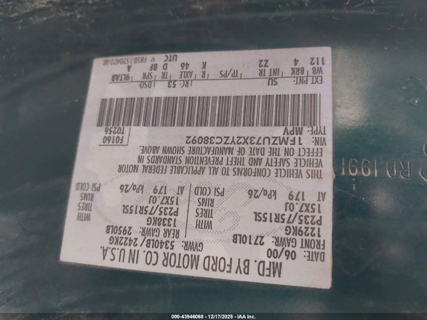 2000 Ford Explorer Xlt VIN: 1FMZU73X2YZC38092 Lot: 43946068