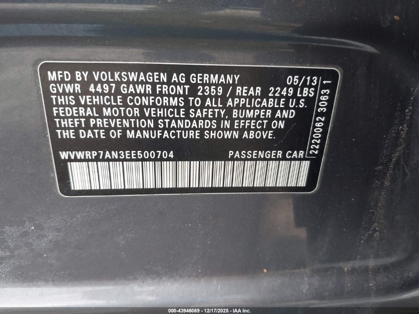 2014 Volkswagen Cc 2.0T Executive VIN: WVWRP7AN3EE500704 Lot: 43946069