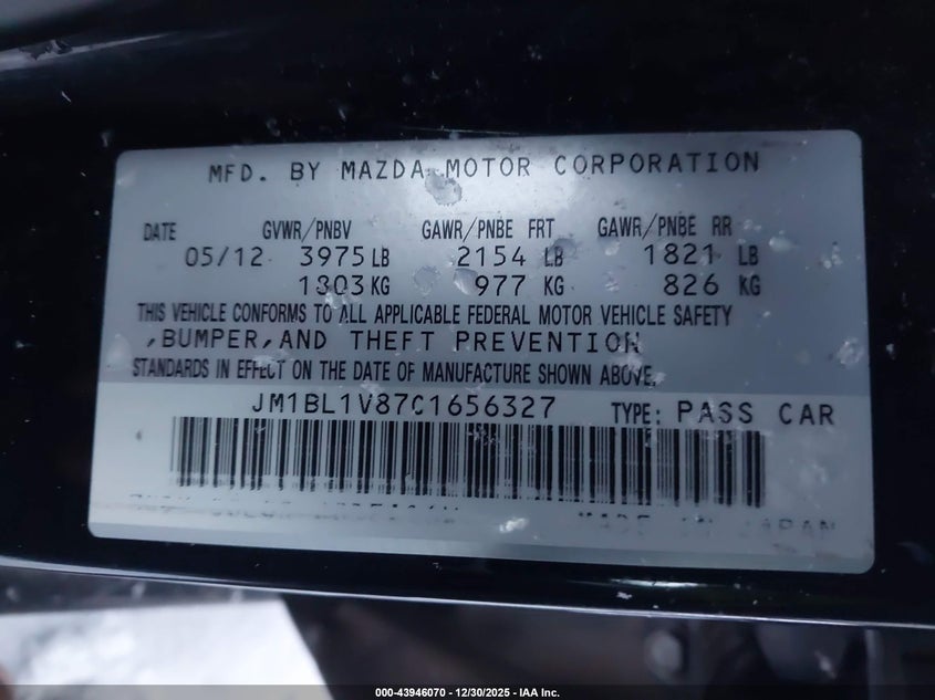 2012 Mazda 3 2.0 I Touring black Lot 111043946070 Vin JM1BL1V87C1656327