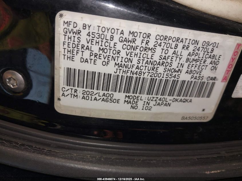 2002 Lexus Sc 430 VIN: JTHFN48Y720015545 Lot: 43946074