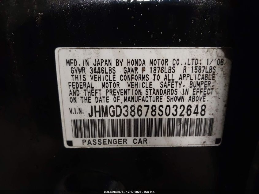 2008 Honda Fit Sport VIN: JHMGD38678S032648 Lot: 43946076