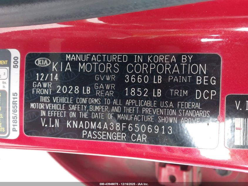 2015 Kia Rio Lx VIN: KNADM4A38F6506913 Lot: 43946078