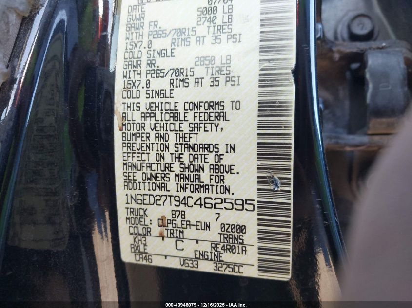 2004 Nissan Frontier Xe-V6 VIN: 1N6ED27T94C462595 Lot: 43946079