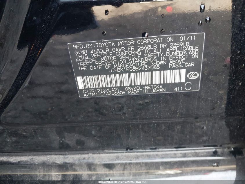 2011 Lexus Es 350 VIN: JTHBK1EG8B2437085 Lot: 43946080