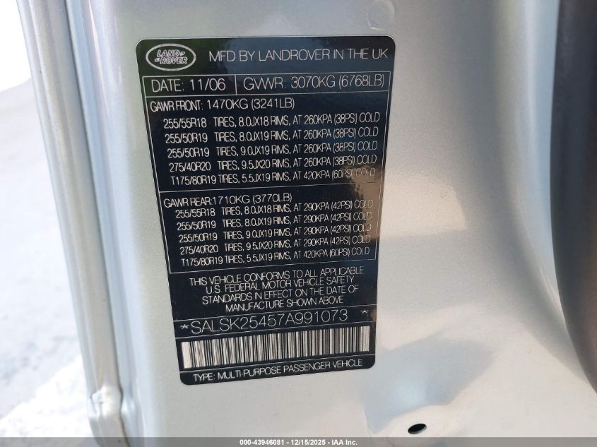 2007 Land Rover Range Rover Sport Hse VIN: SALSK25457A991073 Lot: 43946081