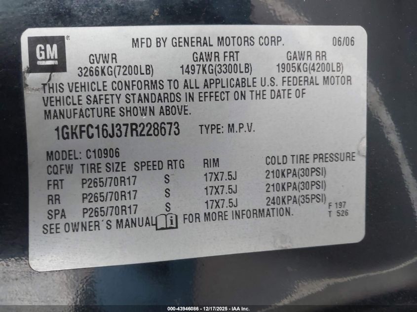2007 GMC Yukon Xl 1500 Slt VIN: 1GKFC16J37R228673 Lot: 43946086