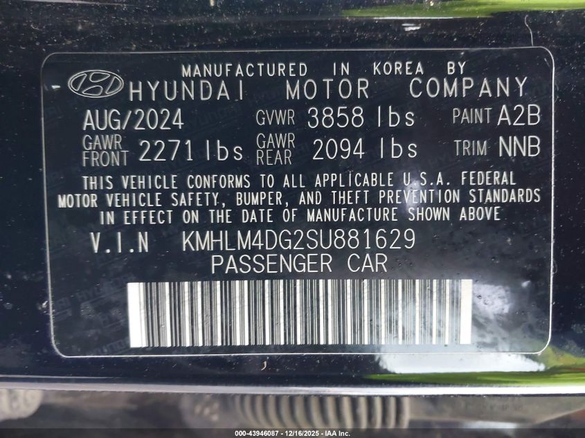 2025 Hyundai Elantra Sel Sport VIN: KMHLM4DG2SU881629 Lot: 43946087