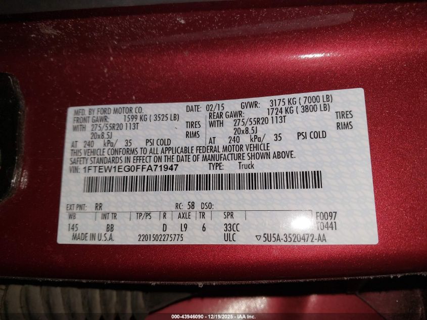 2015 Ford F-150 Platinum VIN: 1FTEW1EG0FFA71947 Lot: 43946090