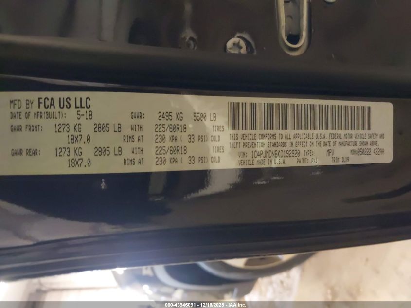 2019 Jeep Cherokee Limited 4X4 VIN: 1C4PJMDN6KD192920 Lot: 43946091