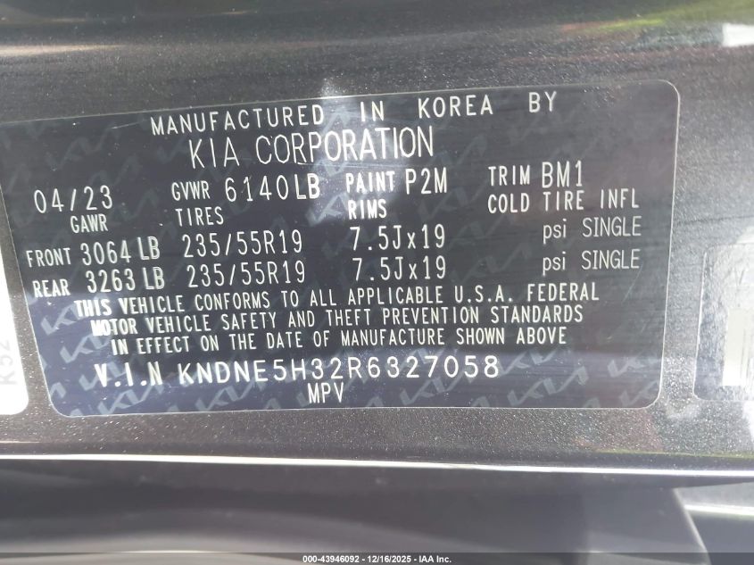 2024 Kia Carnival Mpv Sx Prestige VIN: KNDNE5H32R6327058 Lot: 43946092