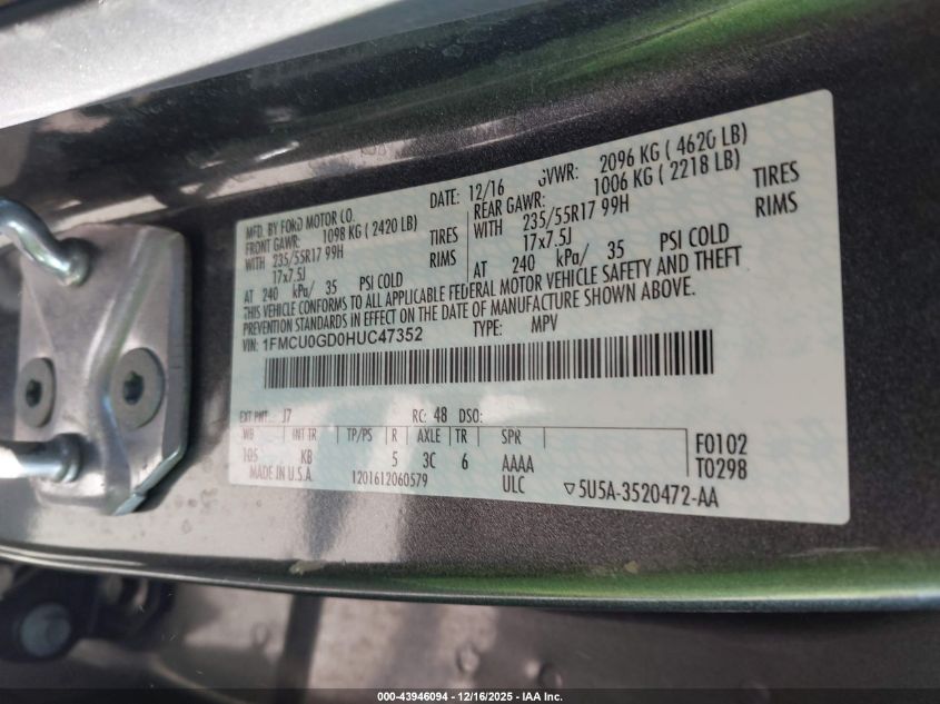 2017 Ford Escape Se VIN: 1FMCU0GD0HUC47352 Lot: 43946094