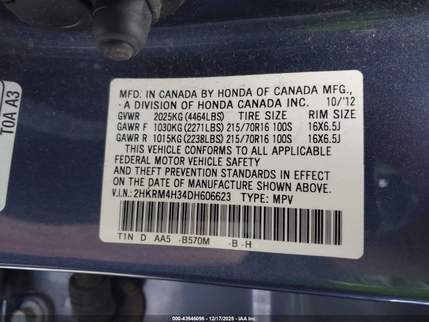 2013 Honda Cr-V Lx VIN: 2HKRM4H34DH606623 Lot: 43946096