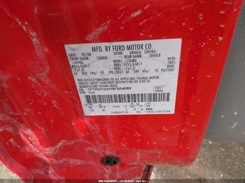 2008 Ford F-150 60Th Anniversary/Fx2/Xl/Xlt VIN: 1FTRW12W18FB54089 Lot: 43946097