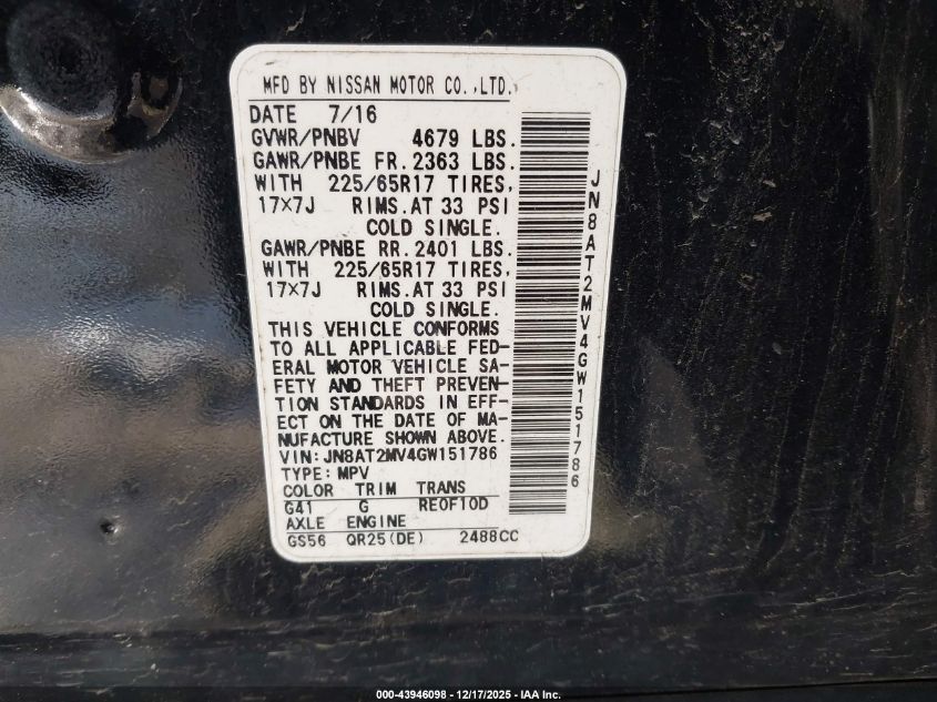 2016 Nissan Rogue Sv VIN: JN8AT2MV4GW151786 Lot: 43946098