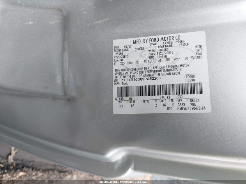 2009 Ford Ranger Sport/Xl/Xlt VIN: 1FTYR10D09PA52203 Lot: 43946104