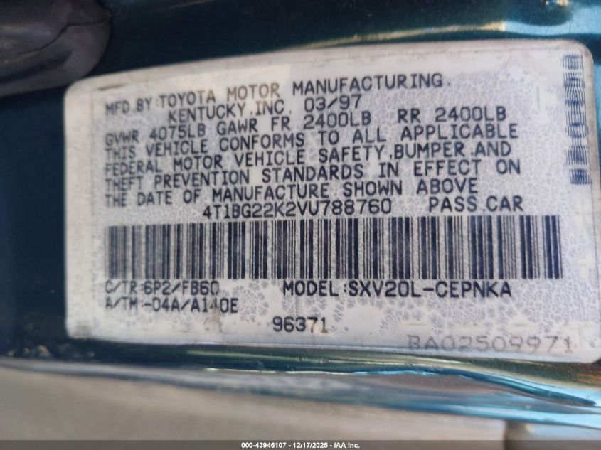 1997 Toyota Camry Le VIN: 4T1BG22K2VU788760 Lot: 43946107