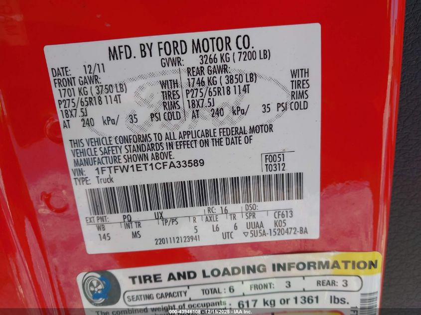 2012 Ford F-150 Xlt VIN: 1FTFW1ET1CFA33589 Lot: 43946108