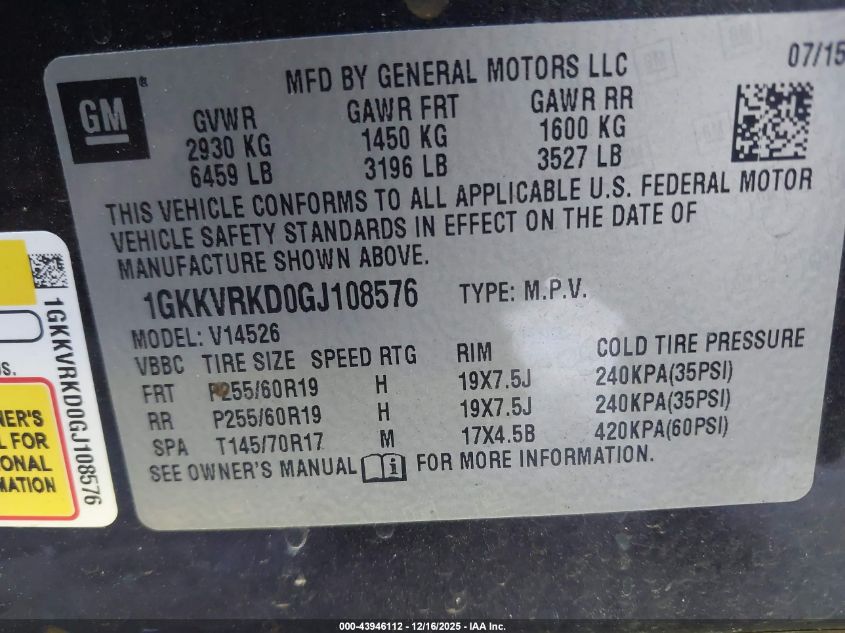 2016 GMC Acadia Slt-1 VIN: 1GKKVRKD0GJ108576 Lot: 43946112