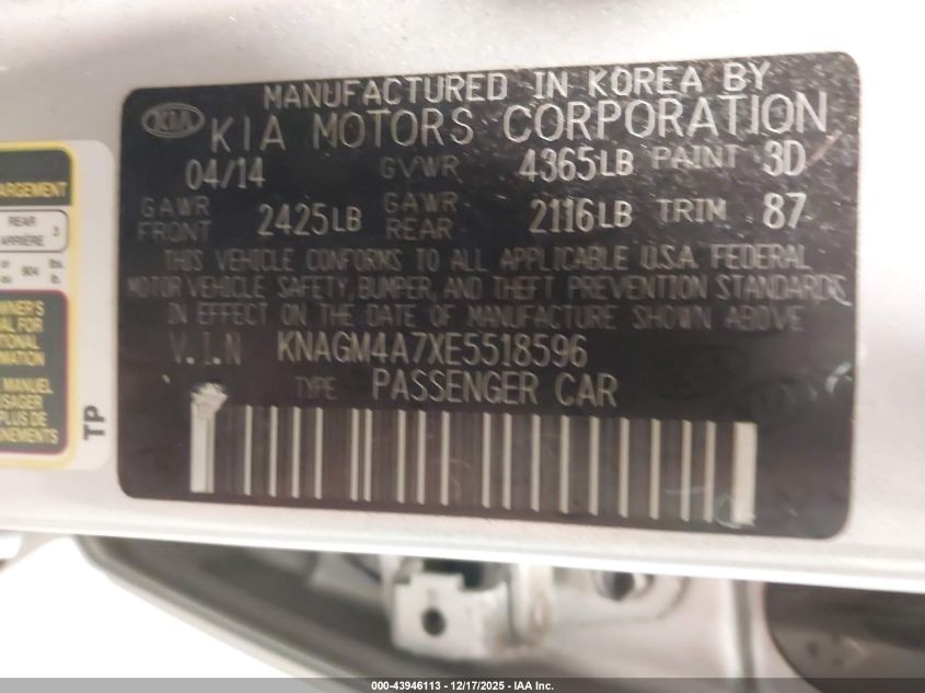 2014 Kia Optima Lx VIN: KNAGM4A7XE5518596 Lot: 43946113