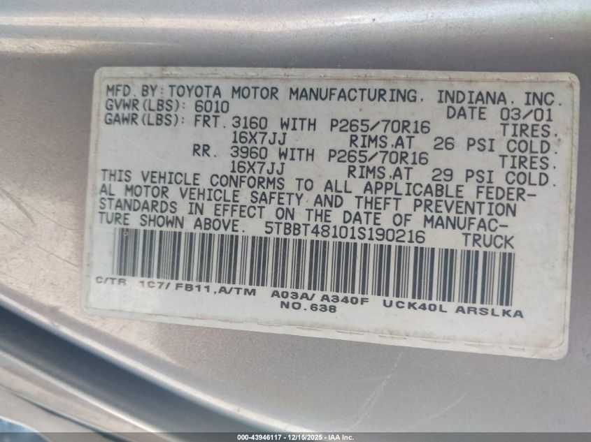 2001 Toyota Tundra Ltd V8 VIN: 5TBBT48101S190216 Lot: 43946117