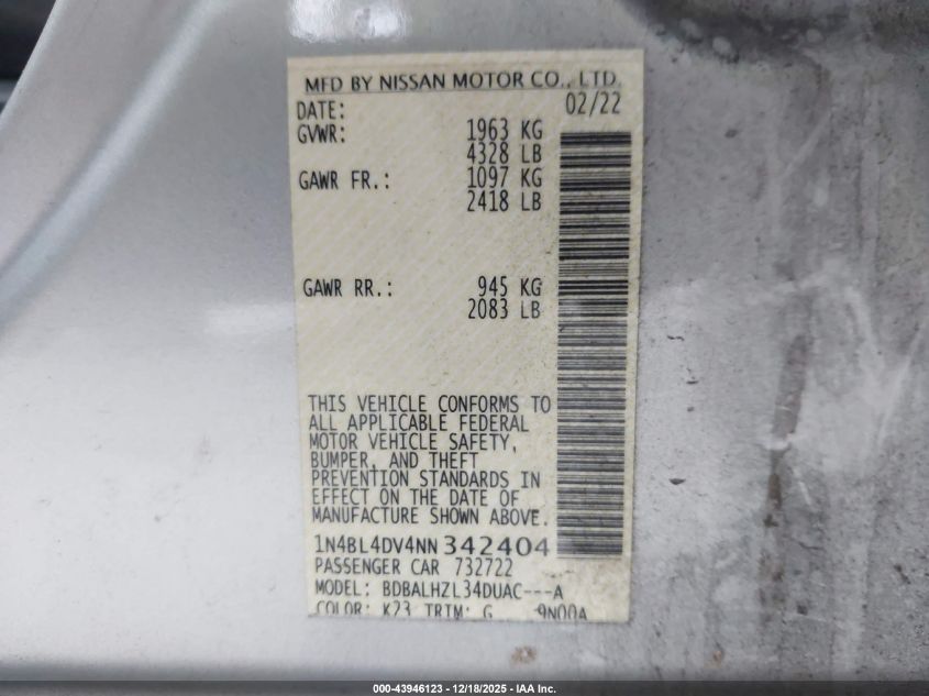 2022 Nissan Altima Sv Fwd VIN: 1N4BL4DV4NN342404 Lot: 43946123