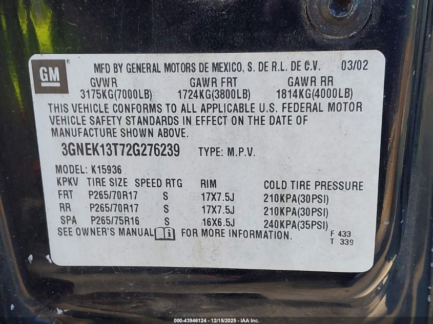 2002 Chevrolet Avalanche 1500 VIN: 3GNEK13T72G276239 Lot: 43946124