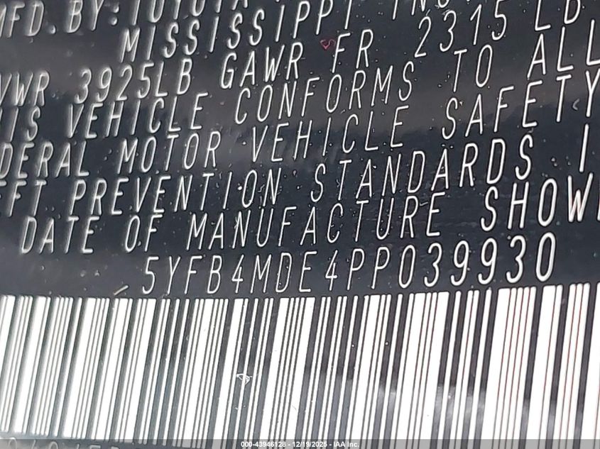 2023 Toyota Corolla Le VIN: 5YFB4MDE4PP039930 Lot: 43946128