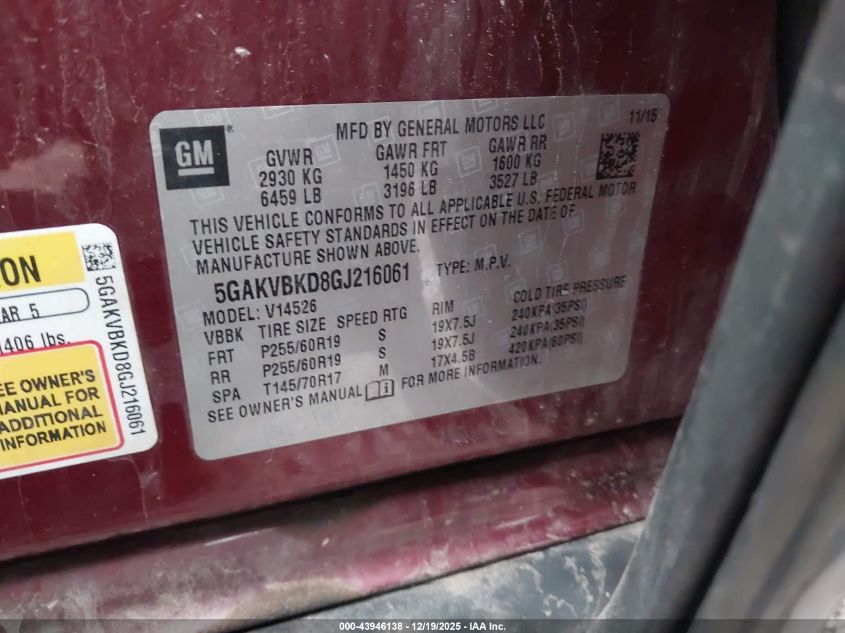 2016 Buick Enclave Leather VIN: 5GAKVBKD8GJ216061 Lot: 43946138