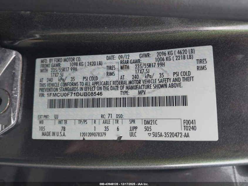 2013 Ford Escape S VIN: 1FMCU0F71DUB08546 Lot: 43946139