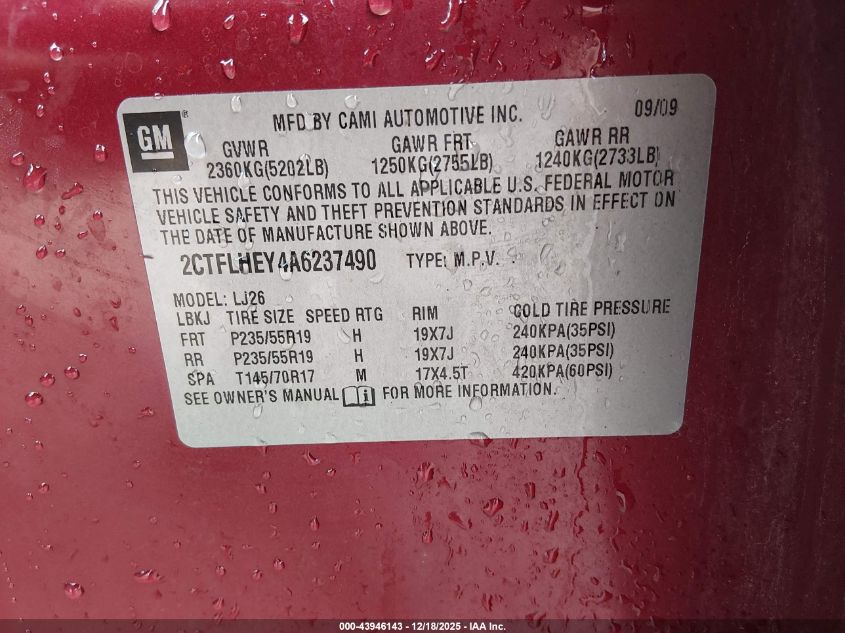 2010 GMC Terrain Slt-2 VIN: 2CTFLHEY4A6237490 Lot: 43946143