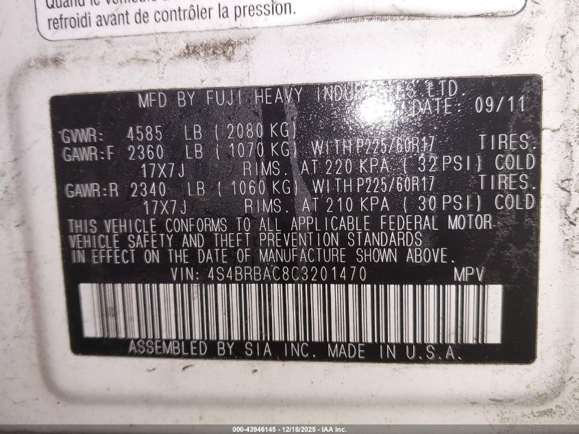 2012 Subaru Outback 2.5I VIN: 4S4BRBAC8C3201470 Lot: 43946145