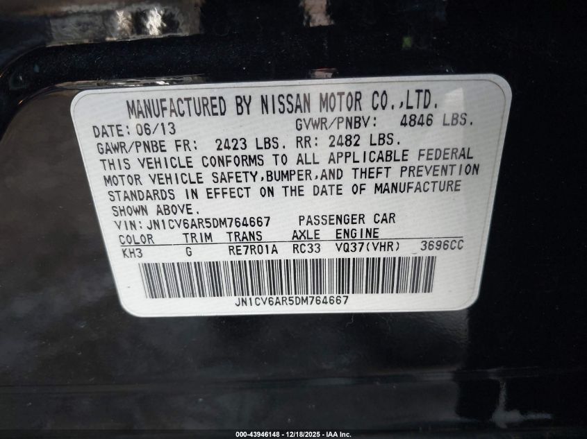 2013 Infiniti G37X VIN: JN1CV6AR5DM764667 Lot: 43946148
