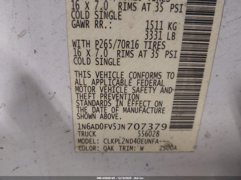 2018 Nissan Frontier Sv VIN: 1N6AD0FV5JN707379 Lot: 43946149
