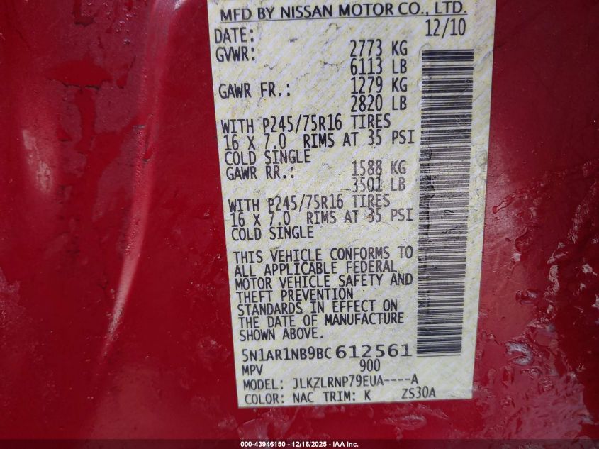 2011 Nissan Pathfinder S VIN: 5N1AR1NB9BC612561 Lot: 43946150