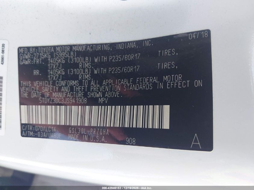 2018 Toyota Sienna Xle Premium 8 Passenger VIN: 5TDYZ3DC3JS941908 Lot: 43946153