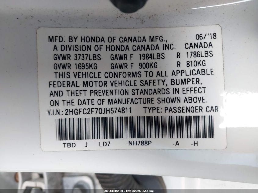 2018 Honda Civic Ex VIN: 2HGFC2F70JH574811 Lot: 43946160