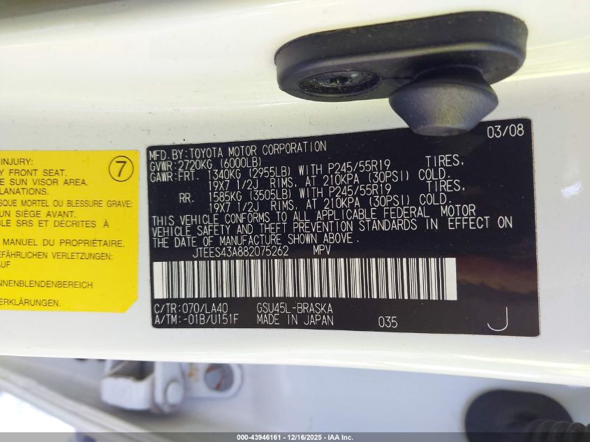 2008 Toyota Highlander Sport VIN: JTEES43A882075262 Lot: 43946161