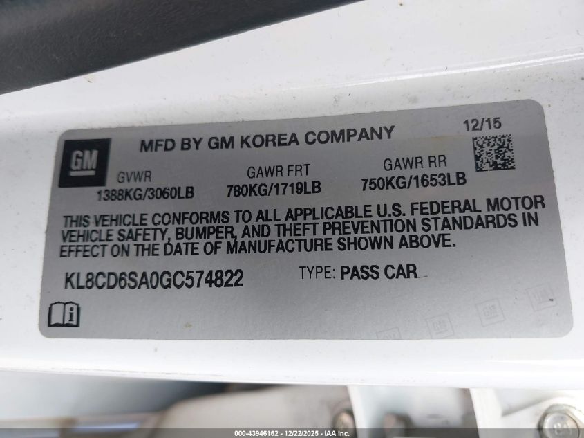 2016 Chevrolet Spark 1Lt Cvt VIN: KL8CD6SA0GC574822 Lot: 43946162