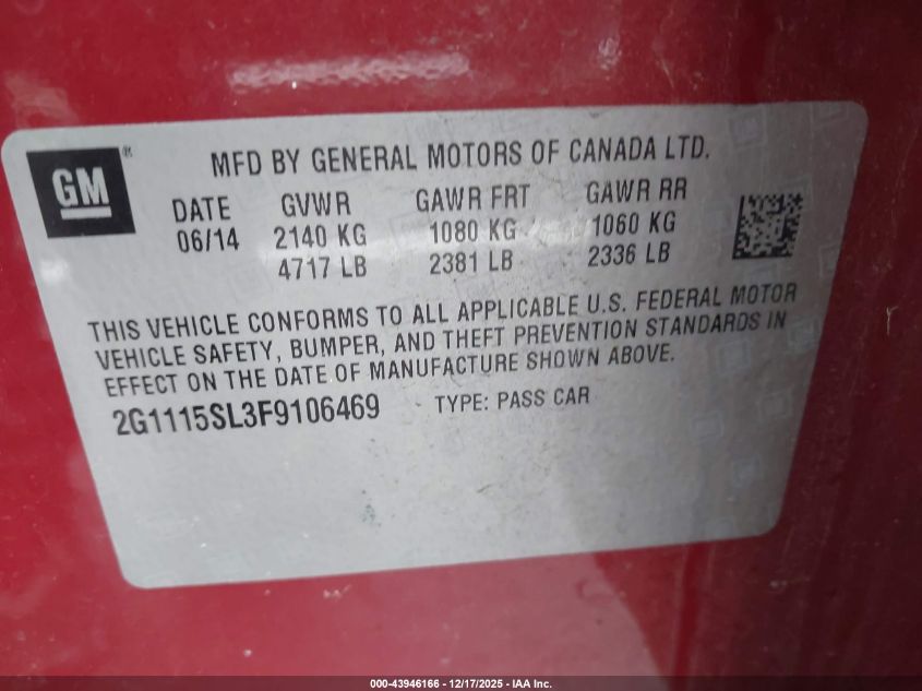 2015 Chevrolet Impala 1Lt VIN: 2G1115SL3F9106469 Lot: 43946166