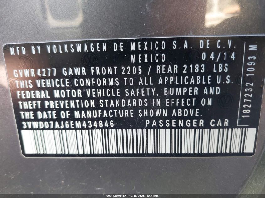 2014 Volkswagen Jetta 1.8T Se VIN: 3VWD07AJ6EM434846 Lot: 43946167