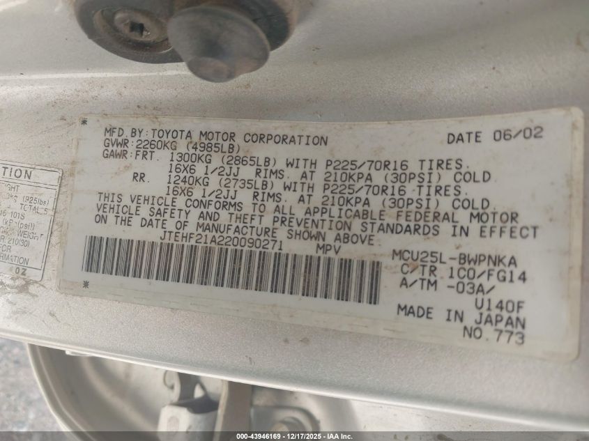 2002 Toyota Highlander V6 VIN: JTEHF21A220090271 Lot: 43946169