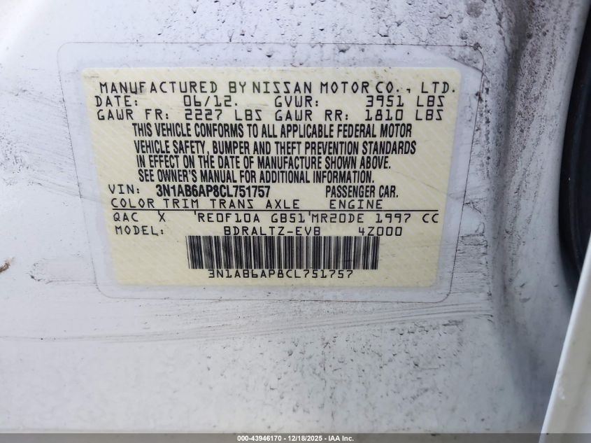 2012 Nissan Sentra 2.0 Sr VIN: 3N1AB6AP8CL751757 Lot: 43946170