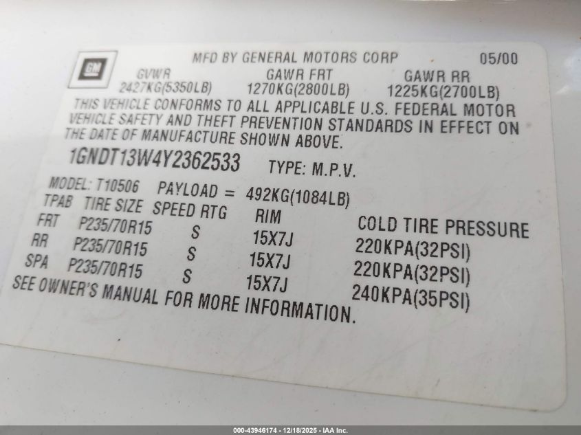 2000 Chevrolet Blazer Lt VIN: 1GNDT13W4Y2362533 Lot: 43946174