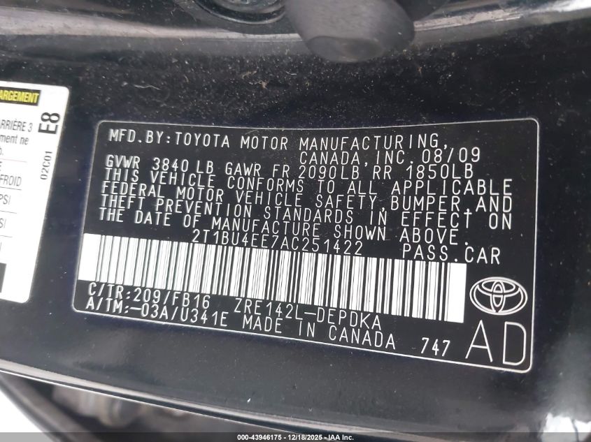 2010 Toyota Corolla VIN: 2T1BU4EE7AC251422 Lot: 43946175