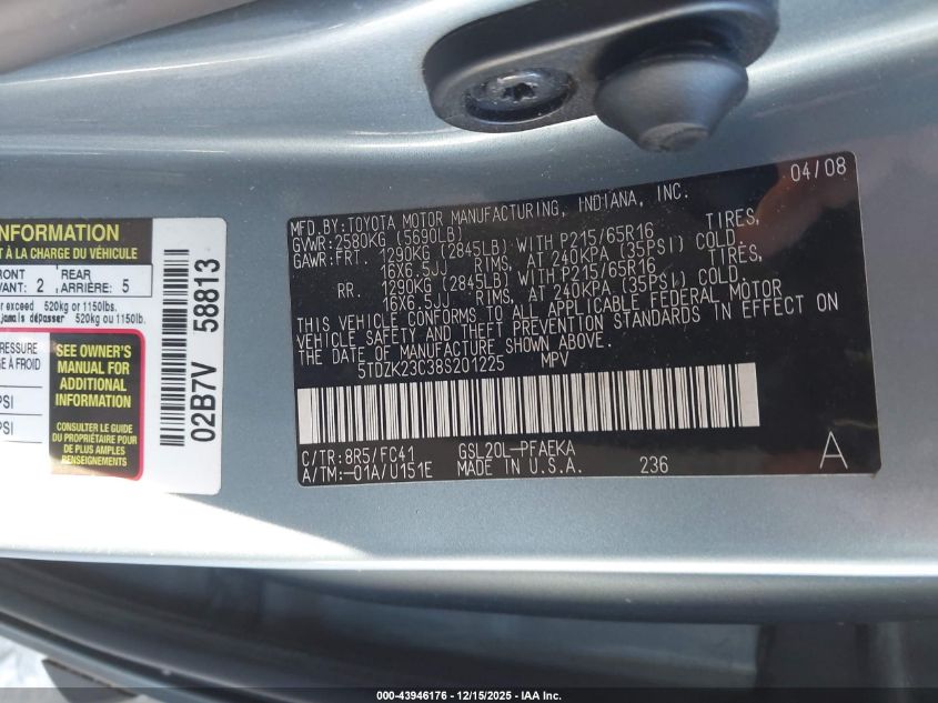 2008 Toyota Sienna Le VIN: 5TDZK23C38S201225 Lot: 43946176